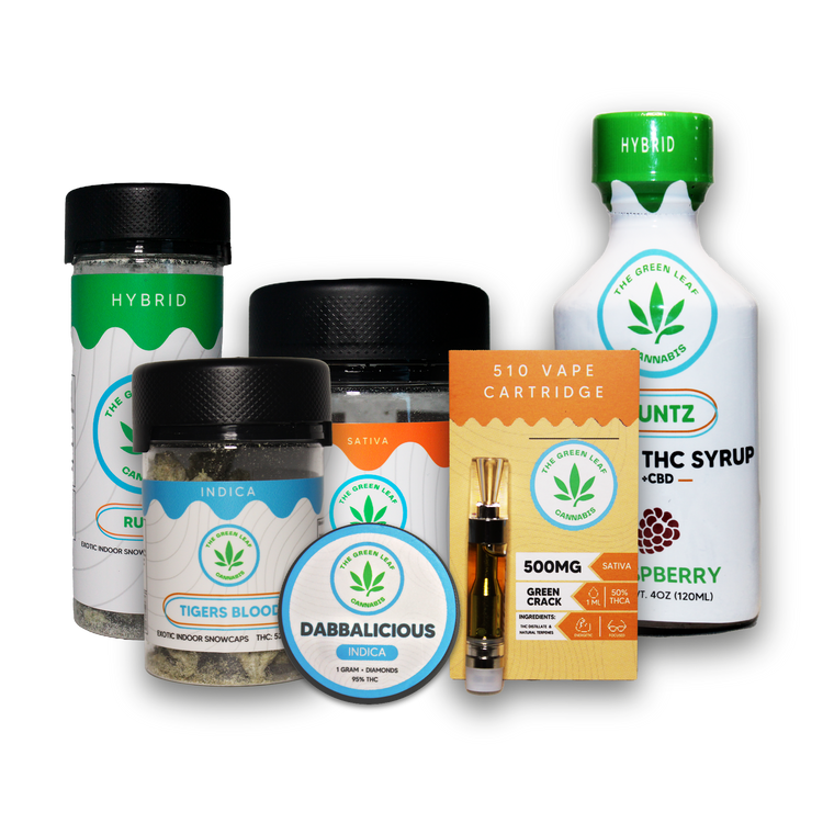 The Green Leaf Cannabis product collection featuring THCA flower, Indica and Hybrid strains, THC syrup, vape cartridge (510 thread), dabbable concentrate, and premium cannabis extract