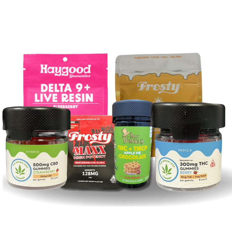 A selection of cannabis edibles from The Green Leaf Cannabis, including gummies and chewable products from various brands, displayed in colorful jars and pouches to showcase flavor variety and potency options. THC products-THC edibles