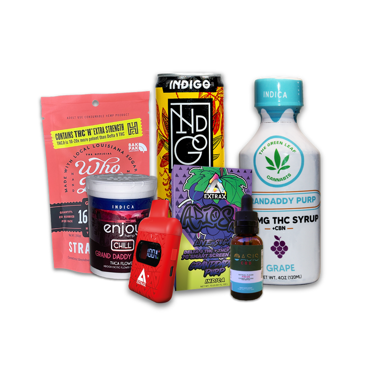 Assorted cannabis and hemp products from The Green Leaf Cannabis, including edibles, THC syrup, vape devices, tinctures, and pre-rolls, arranged together against a white background to showcase product variety.
