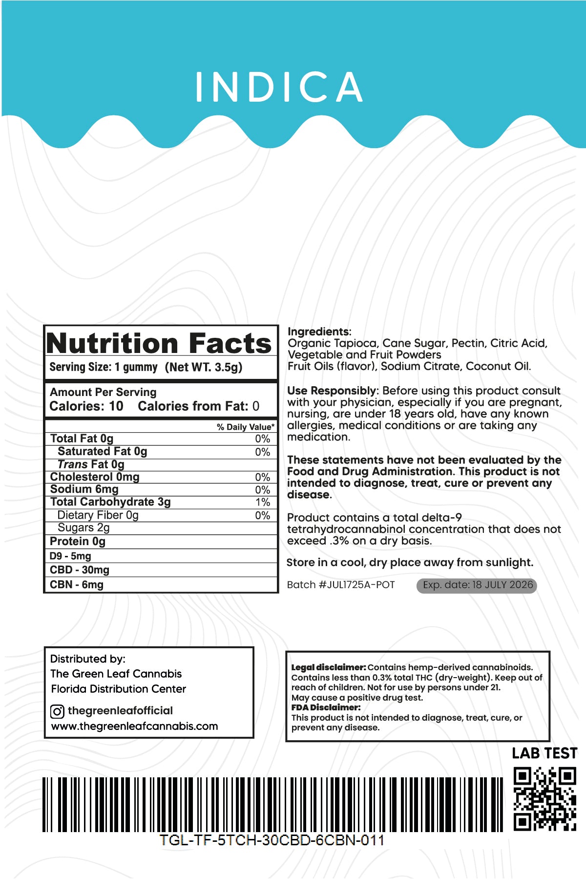 Indica Deep Sleep Gummies – 5mg THC + 30mg CBD + 6mg CBN – Tropical – The Green Leaf Cannabis