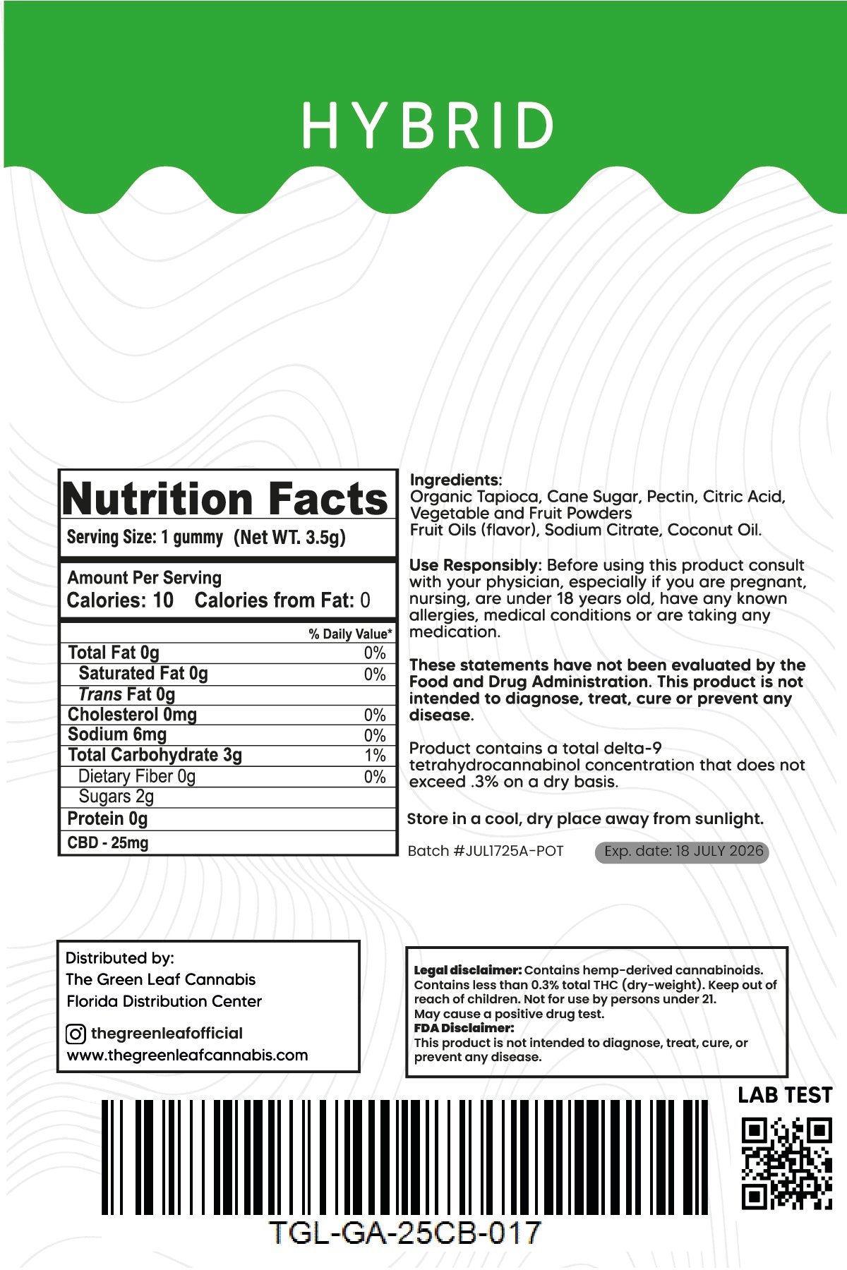 Hybrid 250mg CBD Gummies - 25 CBD - Green Apple - The Green Leaf Cannabis