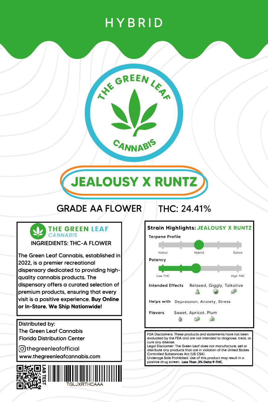 Jealousy x Runtz THCA Flower - Hybrid - 1g to 1 pound - AA - The Green Leaf Cannabis