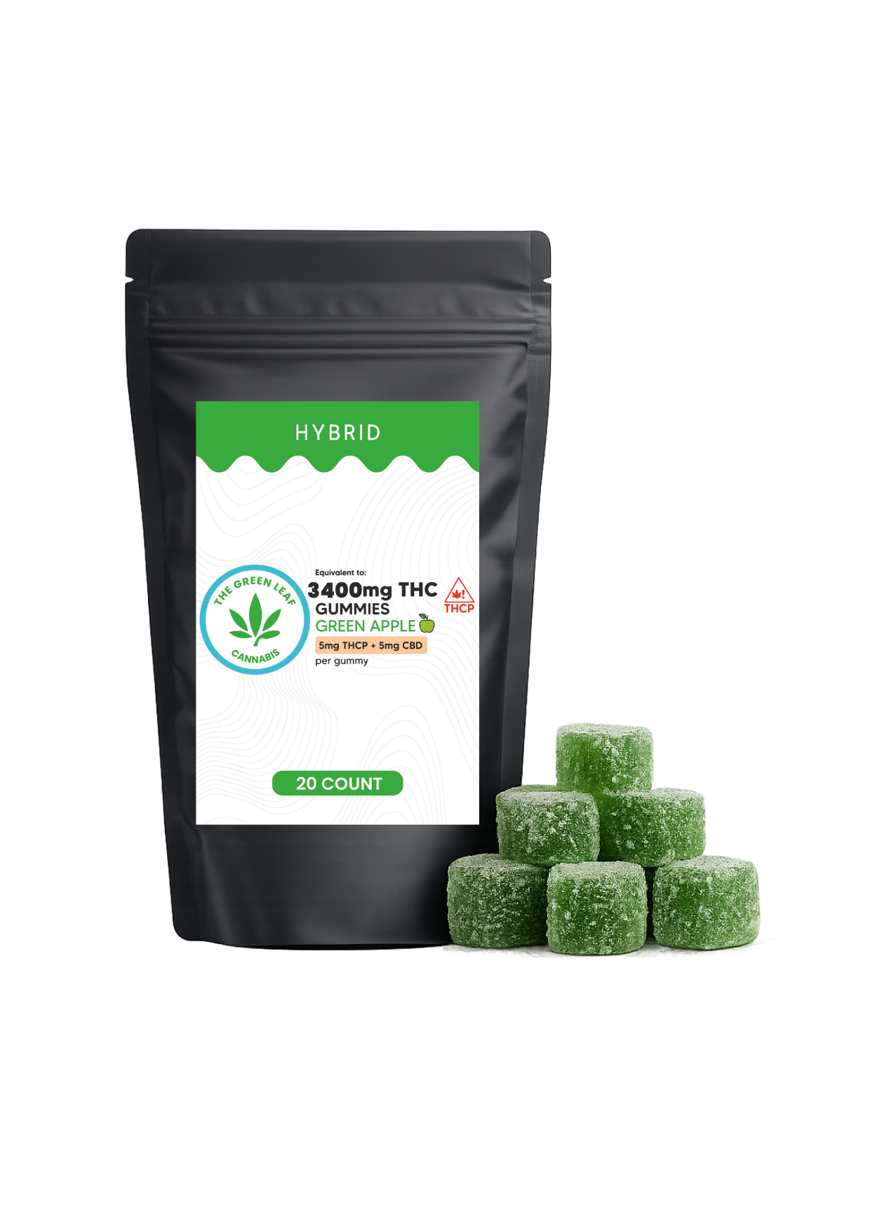 Hybrid 3400mg THC Gummies - 3400mg THC - 20 ct - Green Apple - The Green Leaf Cannabis