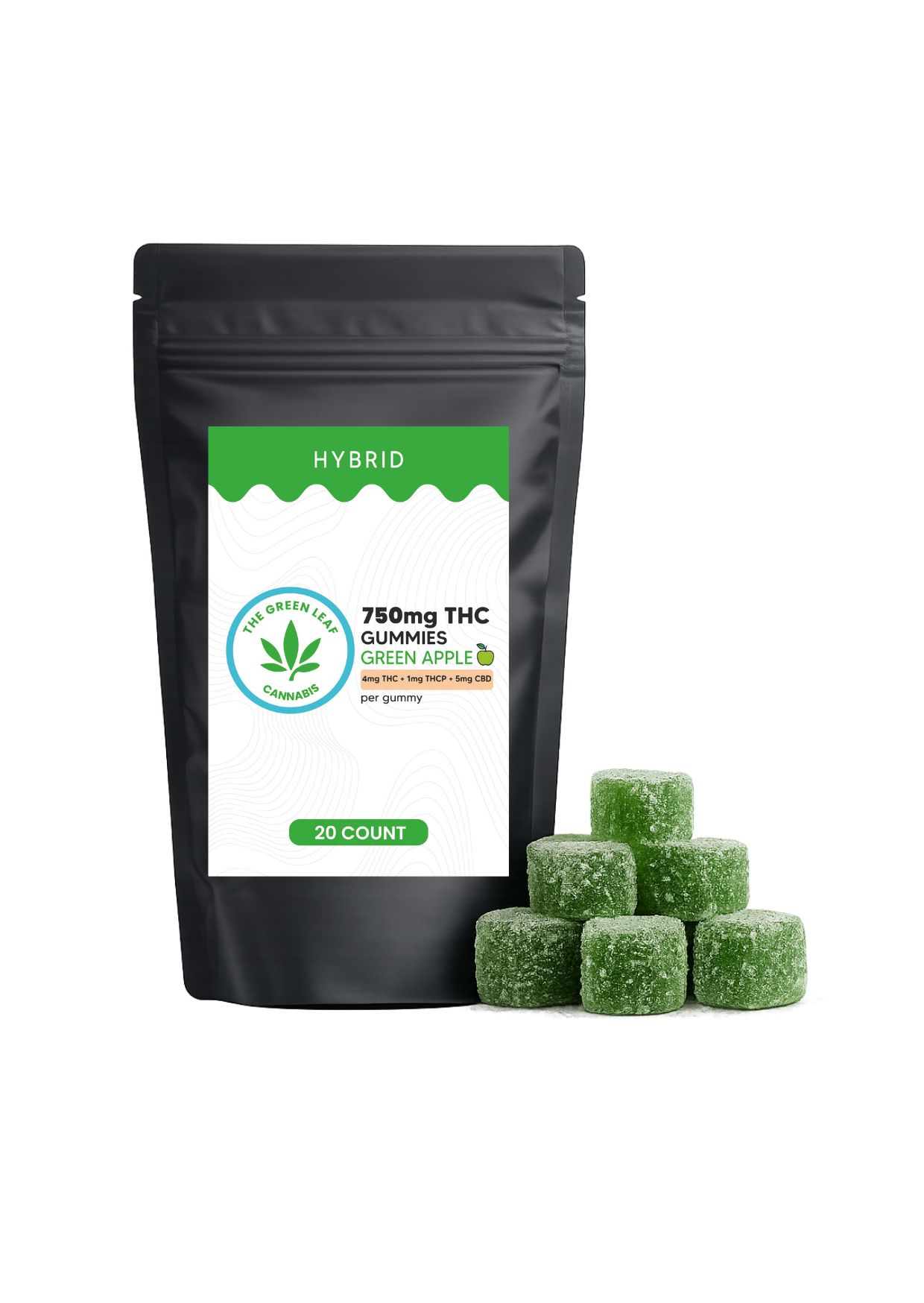 Hybrid 750mg THC Gummies - 750mg THC - 20 ct - Green Apple - The Green Leaf Cannabis