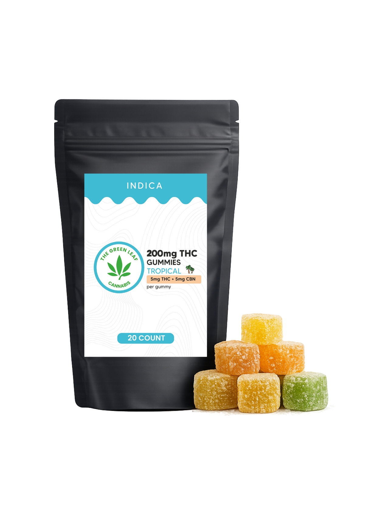 Indica 200mg THC Gummies - 200mg THC - 20 ct - Tropical - The Green Leaf Cannabis