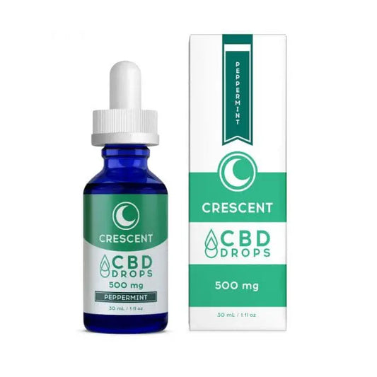 a blue tincture with green and white packaging, writes crescent canna CBD drops, 500mg, peppermint flavor