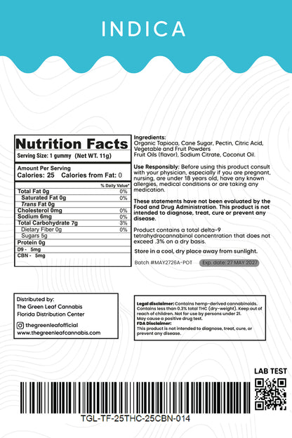 Indica 500mg  Gummies – 5mg THC + 5mg CBN – 50 ct - Tropical – The Green Leaf Cannabis