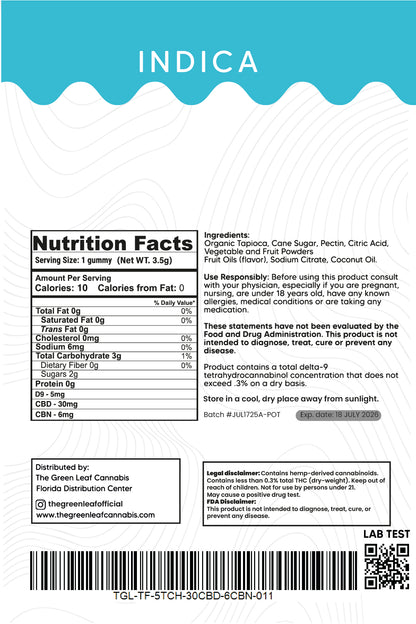 Indica Deep Sleep Gummies – 5mg THC + 30mg CBD + 6mg CBN – Tropical – The Green Leaf Cannabis