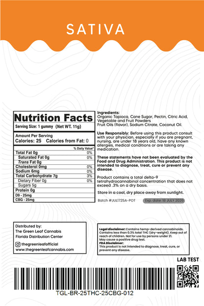 Sativa 500mg Energy Gummies - 25 CBD + 25 CBG - Blue Razz - The Green Leaf Cannabis