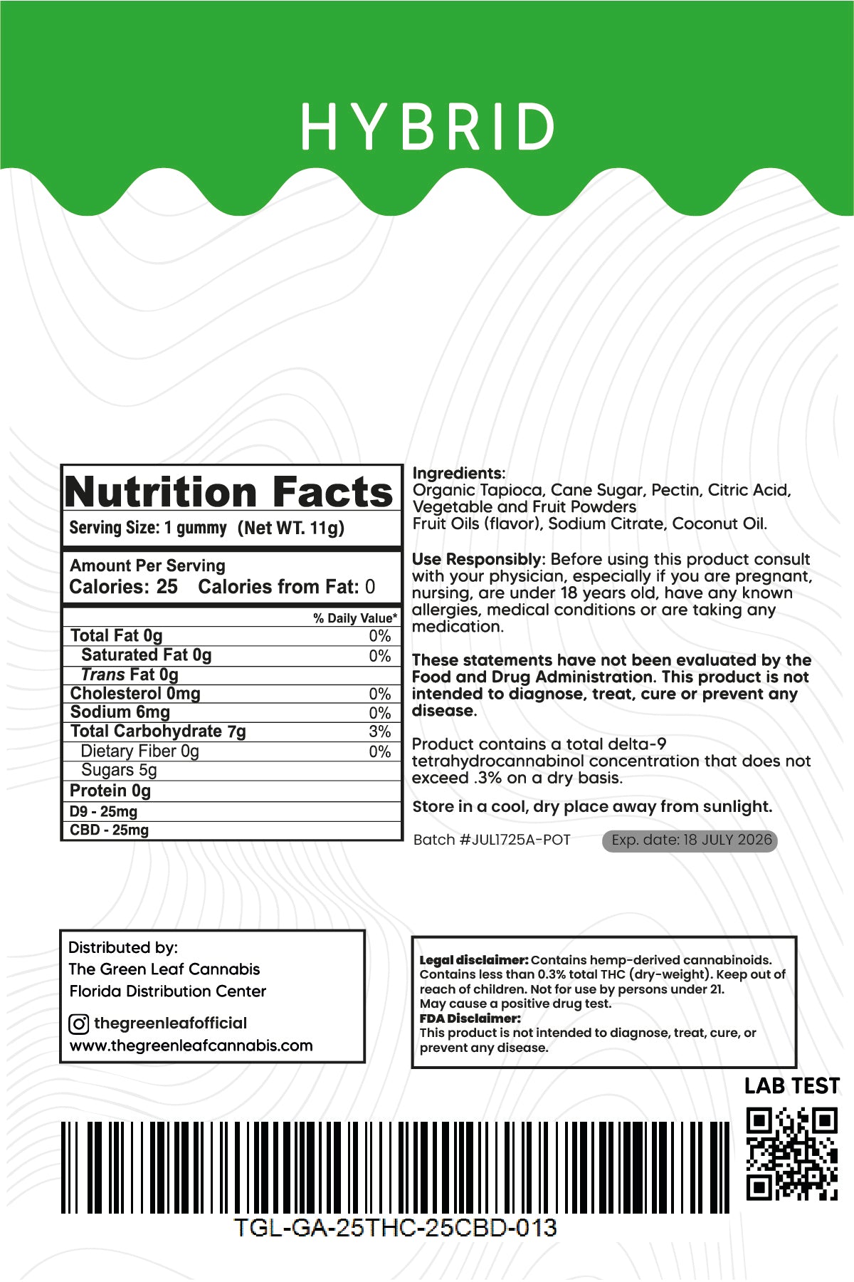 Hybrid 500mg Gummies – 25mg THC + 25mg CBD – Green Aple – The Green Leaf Cannabis