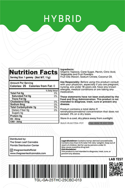 Hybrid 500mg Gummies – 25mg THC + 25mg CBD – Green Aple – The Green Leaf Cannabis