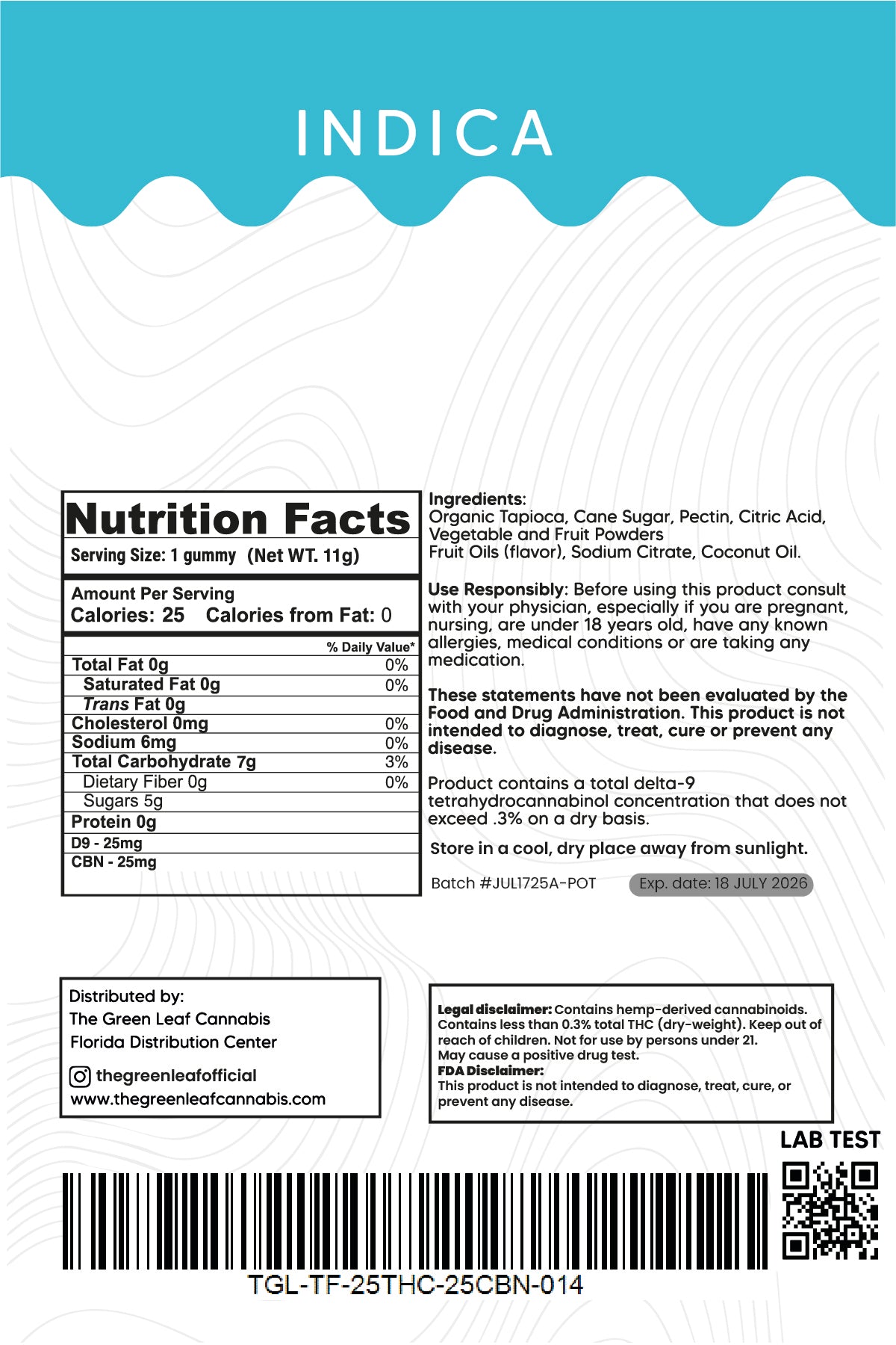 Indica 500mg  Gummies – 25mg THC + 25mg CBN – Tropical – The Green Leaf Cannabis