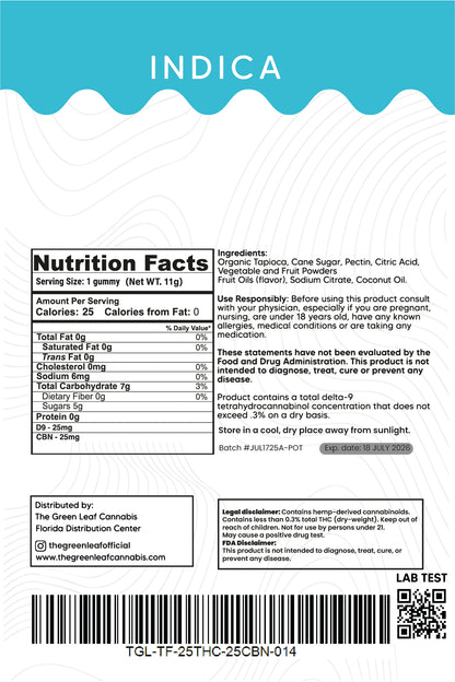 Indica 500mg  Gummies – 25mg THC + 25mg CBN – Tropical – The Green Leaf Cannabis