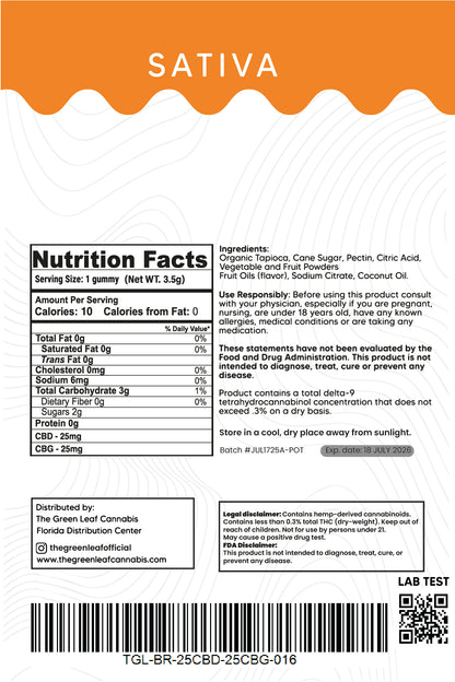 Sativa 500mg Gummies – 25mg THC + 25mg CBG – Blue Razz – The Green Leaf Cannabis