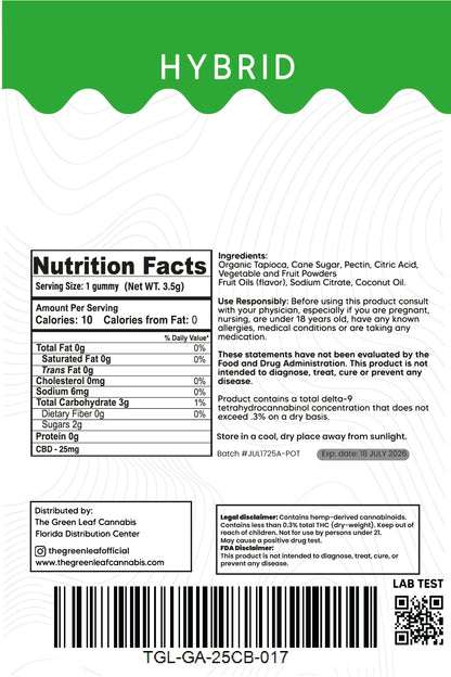 Hybrid 250mg CBD Gummies - 25 CBD - Green Apple - The Green Leaf Cannabis