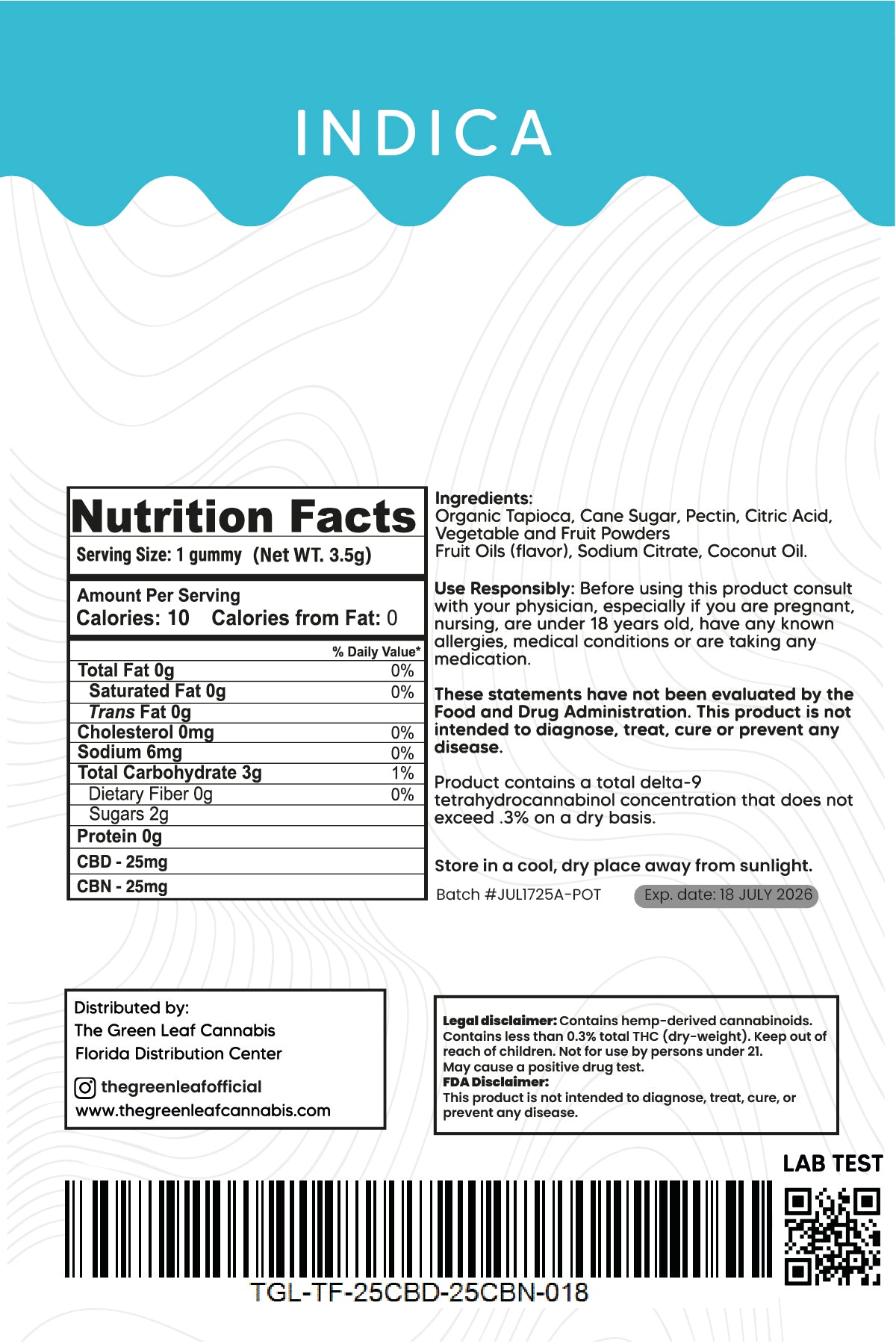 Indica 500mg SLEEP Gummies - 25 CBD + 25 CBN - Tropical - The Green Leaf Cannabis