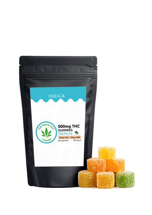 Indica 500mg  Gummies – 25mg THC + 25mg CBN – Tropical – The Green Leaf Cannabis