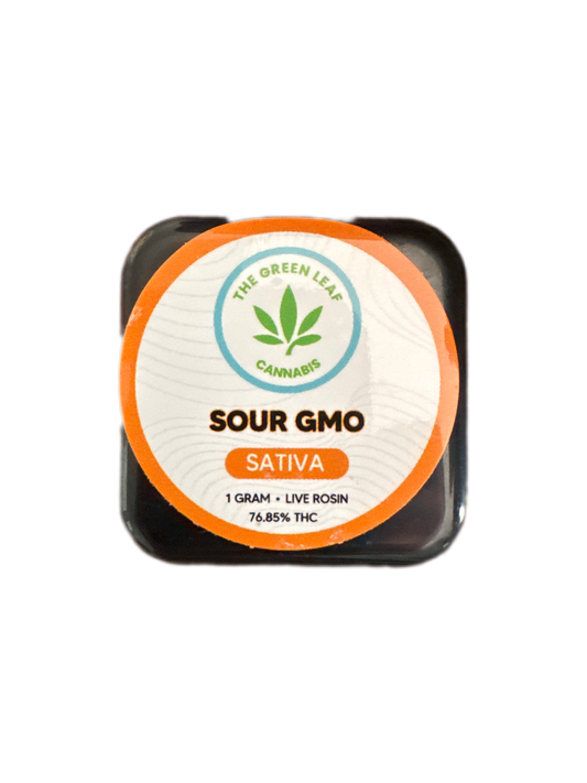Sour GMO-strain-sativa-concentrates-live rosin-The Green Leaf Cannabis-Cannabis-THCA-THC-1g