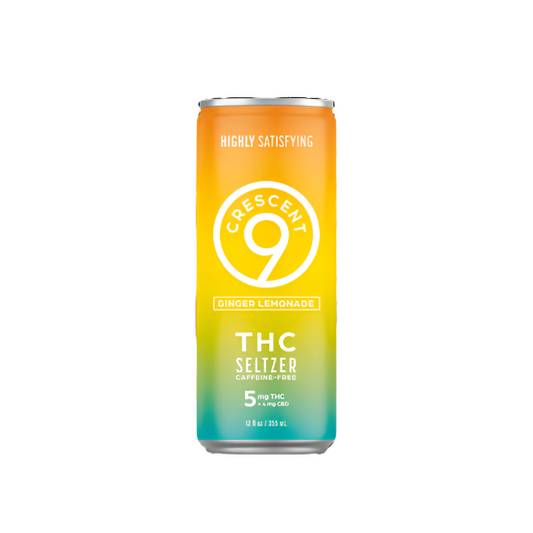 colorful seltzer can with a blue, green, yellow and orange gradient. 5mg thc, crescent 9 branded