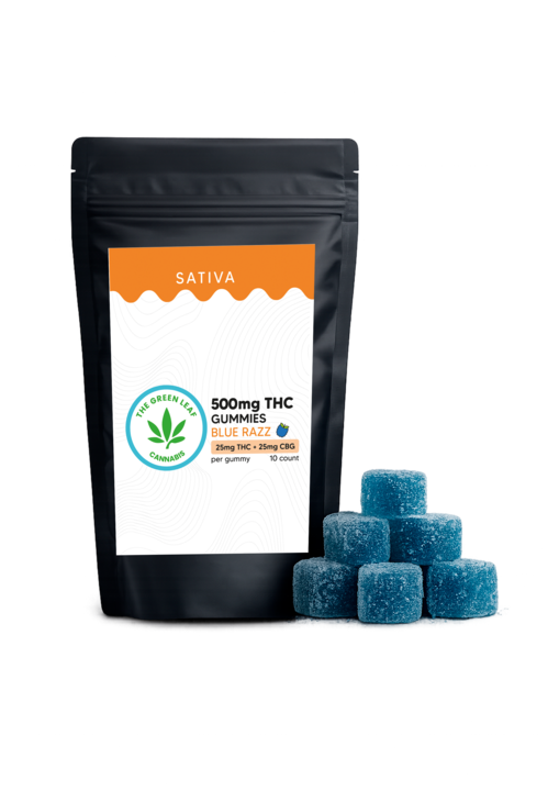 Sativa 500mg Gummies – 25mg THC + 25mg CBG – Blue Razz – The Green Leaf Cannabis