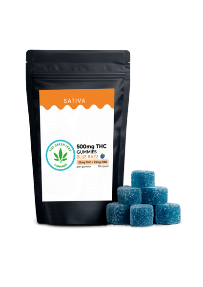 Sativa 500mg Gummies – 25mg THC + 25mg CBG – Blue Razz – The Green Leaf Cannabis