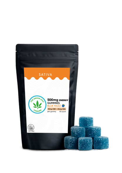 Sativa 500mg Energy Gummies - 25 CBD + 25 CBG - Blue Razz - The Green Leaf Cannabis