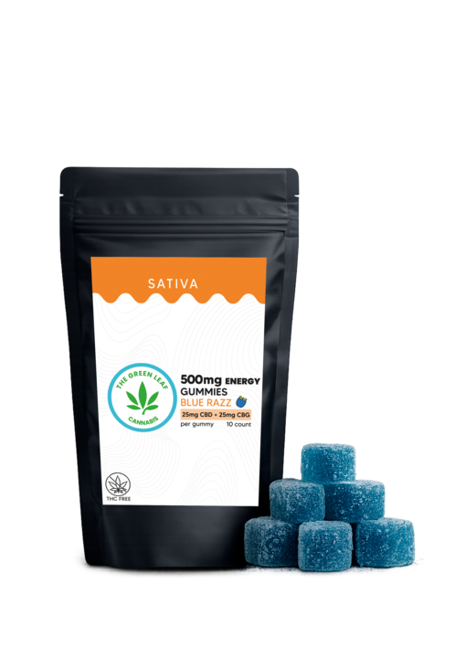 Sativa 500mg Energy Gummies - 25 CBD + 25 CBG - Blue Razz - The Green Leaf Cannabis
